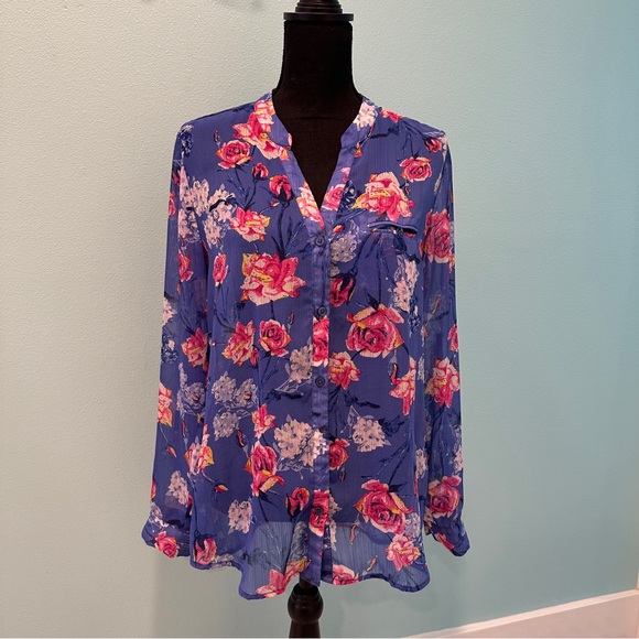 Kut from the Kloth Blue and Pink floral rose Women's button front vneck blouse - Picture 1 of 10